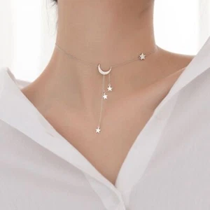 Star Moon Pendant Necklace Silver Clavicle Chains Women Tassel Charms Necklaces - Picture 1 of 13