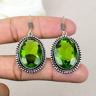 Natural Peridot Gemstone 925 Sterling Silver Handmade Earrings Jewelry For Gift - Image 1 of 4