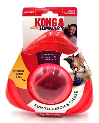 KONG Jumbler Flinger w/Tennis Ball Med/Lrg Red Squeaky Tug & Fetch Dog Toy 7.5" - Image 1 of 4