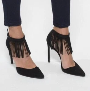 Stuart Weitzman Fringelica Black Suede Pump Point Toe Fringe Slim Heel Ankl 10.5 - Picture 1 of 7