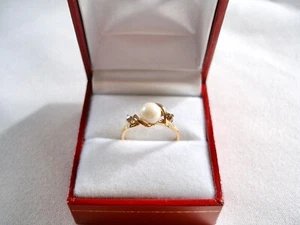 6.5 mm Pearl Solitaire & Diamond  10k Yellow Gold Ring - Picture 1 of 12