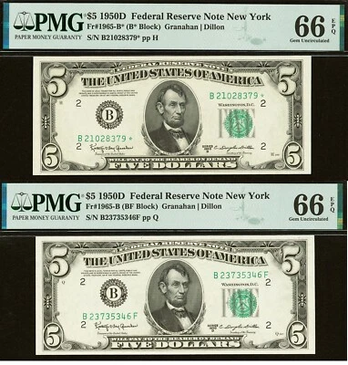 1950D $5 New York Federal Reserve Note PMG 66EPQ lot of 2 notes star Fr 1965-B* - Image 1 of 4