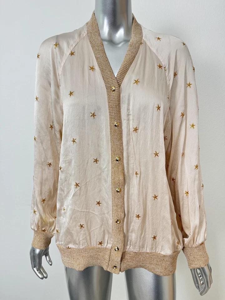 Vintage Silk Sweater Cardigan Womens 10 Gold Stars 80s 90s Glam Oleg Cassini - Image 1 of 4