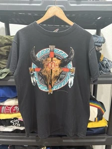 Vintage 90’s 3-D Emblem Harley Davidson L Black T Shirt Cow Head Native American - Picture 1 of 7