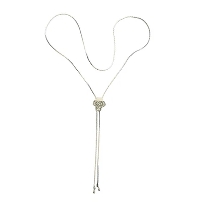 Bolo Lariat Necklace Floral Repurposed Ceramic Silvertone Cottagecore Y Drop - Image 1 of 4