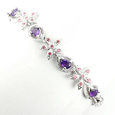 GENUINE GEM PURPLE AMETHYST & RED RUBY 14K ON 925 SILVER FLORA TENNIS BRACELET - Image 1 of 3