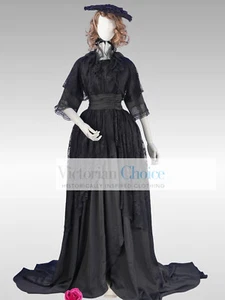 Schwarz viktorianisch edwardianisch Spitze Überzug romantisch Gothic Wickelkleid Theater 841 - Bild 1 von 6