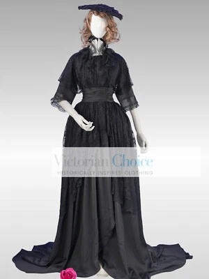 Black Victorian Edwardian Lace Overlay Romantic Gothic Wrapper Dress Theater 841 - Image 1 of 4