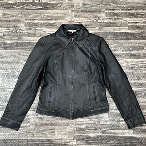 CAbi Black Soft Leather Jacket Womens size 6 Contrast Stitching Zip Up - Picture 1 of 13