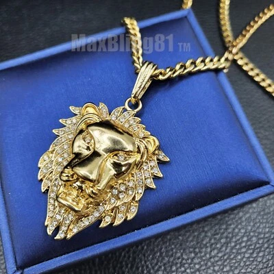 COLLAR BLING CADENA CUBANA COLGANTE CIRCONITA CÚBICA CABEZA DE LEÓN CHAPADO EN ORO HIP HOP Foto 1 de 4