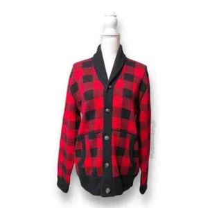 Polo Ralph Lauren Chal Mezcla Lana Cárdigan Suéter Cuadros Rojo/Negro Talla M - Imagen 1 de 8