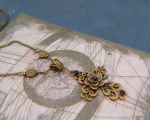 Gothic Cross Necklace Pendant Gold Victorian Roses Black Jewelry Handmade New - Picture 1 of 8