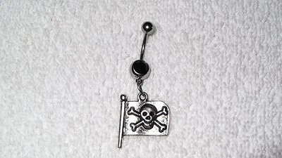 Pirate Flag Skull Bones Design Charm Belly Navel Ring Body Jewelry Piercing - Image 1 of 2