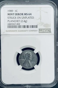 1989 Lincoln Penny Struck on Unplated Planchet 2.4g Mint error MS 64 - Picture 1 of 2