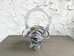 Murano Handblown Artglass Multicolor Swirl Footed Dish Basket - Picture 1 of 6
