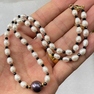 Collana con ciondolo perle Edison barocche nere riso bianco/12 mm naturale 5-6 mm 18" - Foto 1 di 4