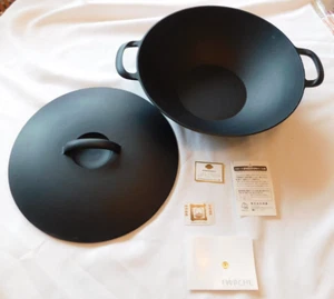 Iwashu Gusseisen Wok mit Deckel 12,5" rund Made in Japan schwarz neu ohne Karton - Bild 1 von 9