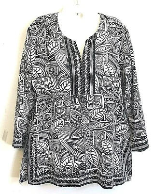 Túnica Travel Smith feminina pequena leve algodão preta e branca manga 3/4 - Imagem 1 de 4