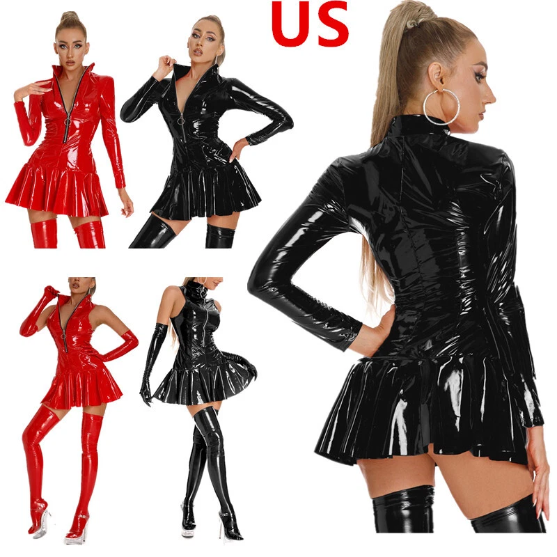 Women’s Zipper Wet Look Dress Patent Leather Skater Dresses Sexy Mini Dress - Image 1 of 1