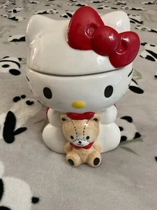 Hello Kitty Ceramic Cookie Jar With Teddy Bear Sanrio Blue Sky Stuffed Animal - Picture 1 of 4