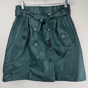 GREEN FAUX LEATHER SKIRT Forever 21 Womens M Button Paper Bag Waist Fall Lined - Picture 1 of 9