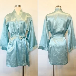 Vintage Halston Silky Satin Aqua Blue Designer Jacquard Wrap Robe Kimono M - Picture 1 of 9