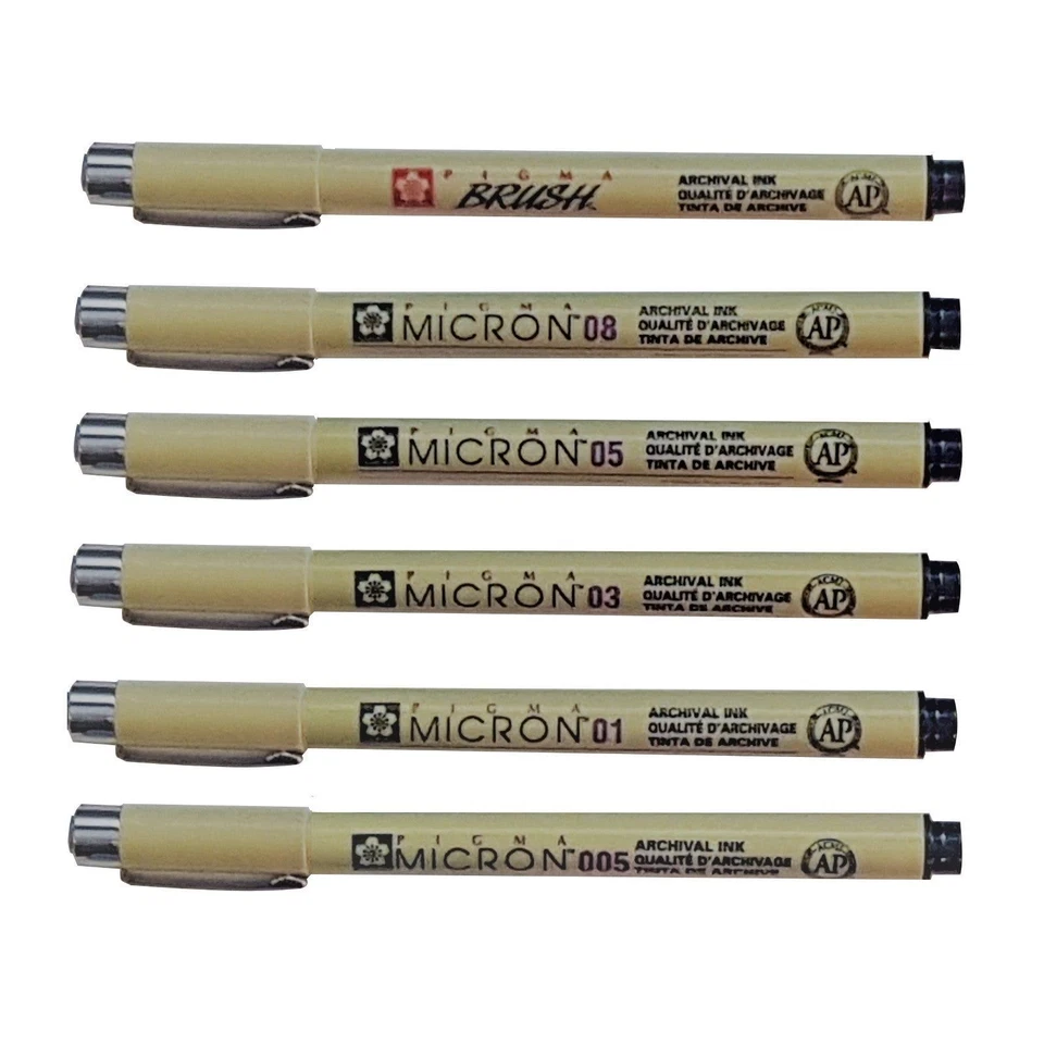 Sakura Pigma Micron & Brush Pack of 6 Pens | Arts Craft Fineliner Pen Black Ink - Image 1 of 1