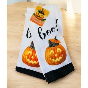 NWT Halloween Black Cat Pumpkin Boo Kitty Dish Kitchen 2 Piece Towel Set - Picture 1 of 3