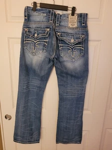 ROCK REVIVAL Antonio Boot Jeans Blue Flap Pockets Men’s 33x33 Distressed - Picture 1 of 13