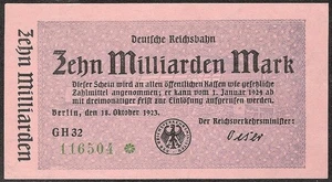 GERMANY 1 Milliarden (Billion) Mark 1923 P:S1021 aUNC Deutsche Reichsbahn - Picture 1 of 2
