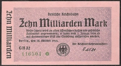 GERMANY  1 Milliarden (Billion) Mark  1923  P:S1021  aUNC  Deutsche Reichsbahn - Image 1 of 2