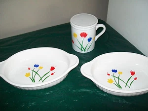 PERSONAL CASSEROLES AUGRATIN MUG LID INSERT TULIP WHITE RED BLUE YELLOW JAPAN - Picture 1 of 2