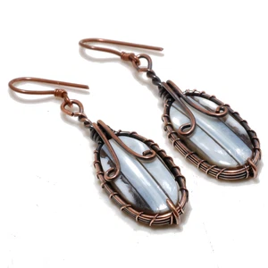 Blue Opal Gemstone Handmade Antique Wire Wrap Copper Jewelry Earrings 2.1" PG 87 - Picture 1 of 4