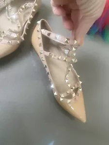 Valentino Rockstud Caged Ballet Leather Flat Shoe Beige Sz 37 USA 6.6 Read Desc - Picture 1 of 17