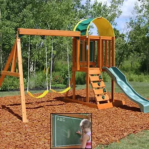 Wooden Swing Set Playground Outdoor Cedar Playhouse Backyard Kids W/ Slide New - Picture 1 of 12