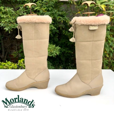 Stivali al ginocchio vintage anni 70 Morlands England pelle di pecora NATURALE, BEIGE, UK 5 ottime condizioni - Immagine 1 di 4