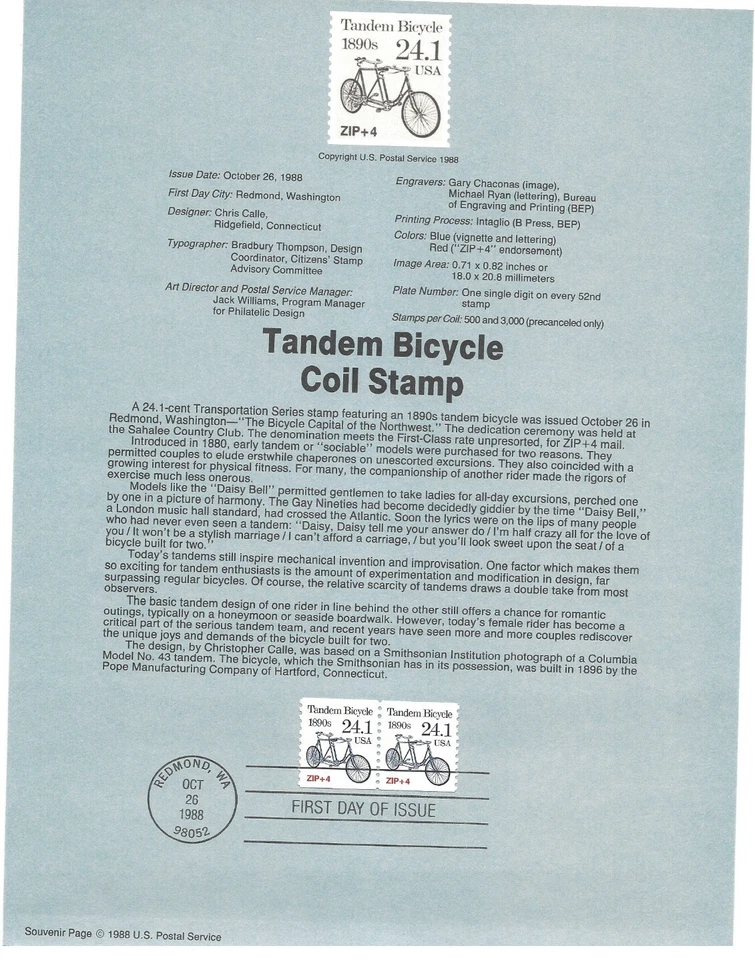 USPS Souvenir First Day Of Issue Comm Stamp 10/26/88 Tandem Bicycle 24.1c - Image 1 of 1