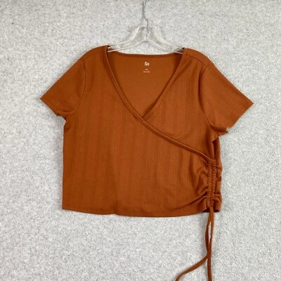 So Top Niñas XXL Marrón Óxido Imitación Envoltura Acanalada Tejido Ajustado Manga Corta Tejido Corto Foto 1 de 4