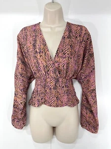ZARA Multicoloured Silky Women's Crossover Cropped Batwing Blouse UK 12 14 L - Picture 1 of 4