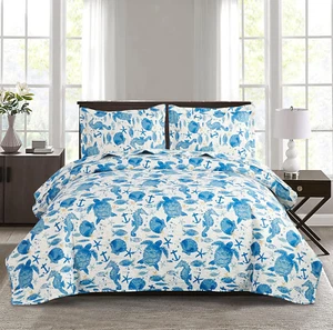King Size Coastal Quilt Coverlet Set Blue Sea Turtle Ocean Reversible Lightwei.. - Picture 1 of 11