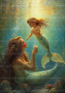 Mother Daughter Mermaid Art Print Underwater Fantasy Scene Whimsical Ocean AC16 - Picture 1 of 1