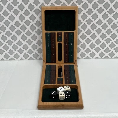 VTG Cribbage Board Travel Foldable Wooden Box W 3 Peg 2 Black Dice 3 White Dice - Image 1 of 4