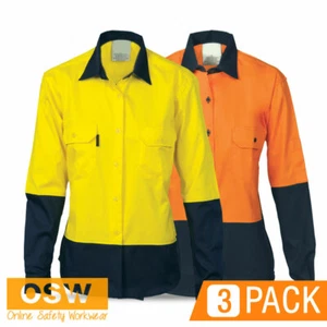 3 x Hi Vis Ladies Womens Day Night L/S Cotton Drill Safety Work Shirts 3932 - Picture 1 of 3