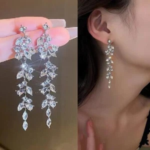Zircon 925 Silver Tassel Earrings Stud Dangle Drop Wedding Women Crystal Gift - Picture 1 of 7