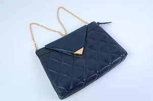 Tasche Vintage Leder Blau Alter 80 Schultergurt Kette Gold Umschlag Clutchbag - Bild 1 von 11