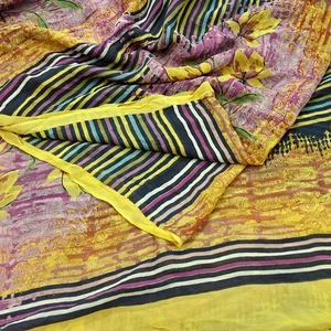 Indian Vintage Sari Yellow & Multi Pure Georgette Silk Printed Saree Fabric Soft - Picture 1 of 22