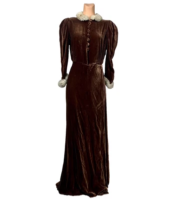 Antique 1930s 1940s Brown Silk Velvet Dressing Gown Robe Fur Collar Cuffs AS IS - Image 1 of 4