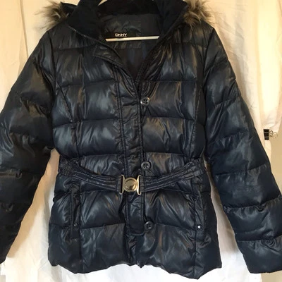 DKNY Blue Puffer Jacket Coat Faux Fur Hood Woman's Size Medium M Foto 1 de 3