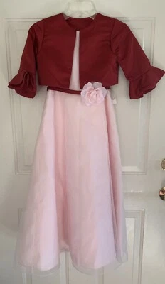 NUEVO Niñas Talla 6 Vestido Rosa Borgoña Chaqueta Extraíble Rosa Atado Trasero Foto 1 de 4