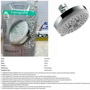 Hansgrohe E 100 MONSOON Soffione Doccia Cromato Lucido 3 Impostazioni Massaggio Senza Zoccoli - Foto 1 di 12